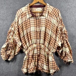 Free People Shirt Womens Extra Large Wool Blend Plaid Embellished Pacific Dawn